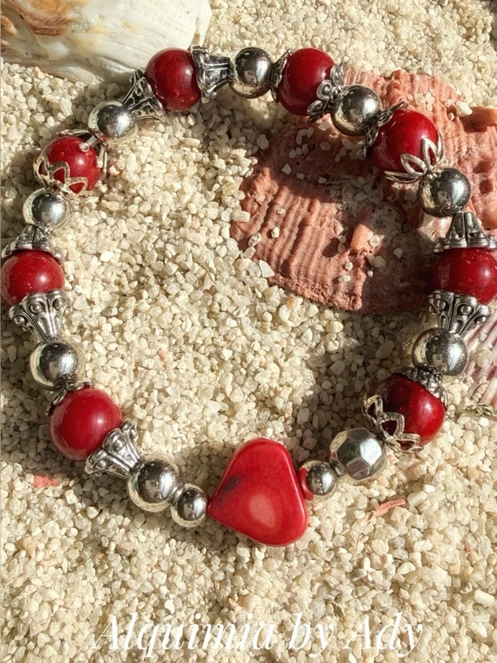 Coral 🪸 Red Beaded Bracelet with Silver Accents